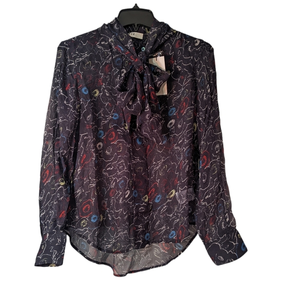 Joie Roselle Floral Print Tie Neck Silk Blouse In Caviar Multi XS NWT - Picture 5 of 8